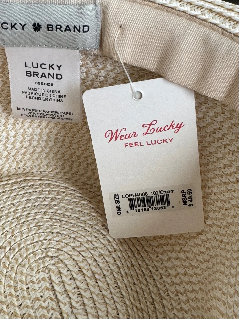 Lucky Brand Cream Straw Fedora Hat with Brown Leather Band